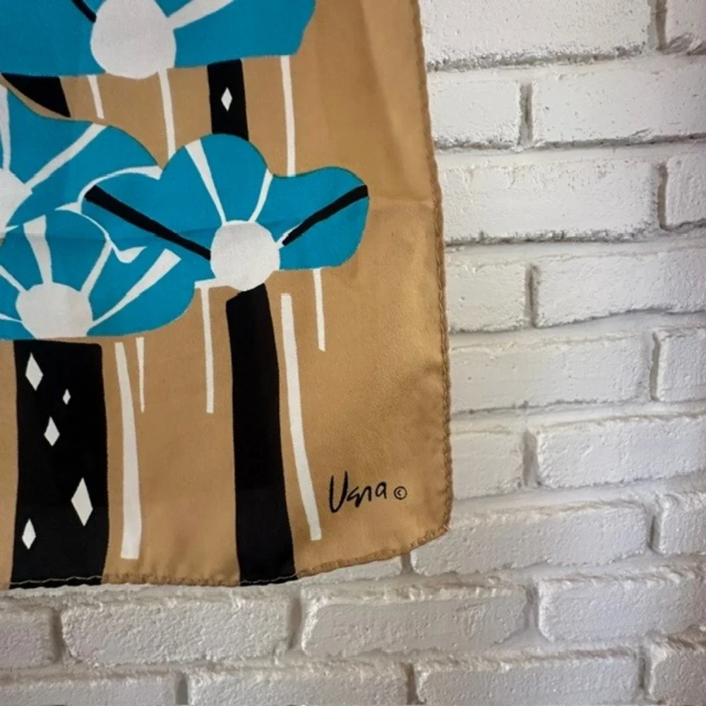 Vera Silk Scarf Vintage 60s 70s Tan Blue Floral Black Geometric‎ Motif